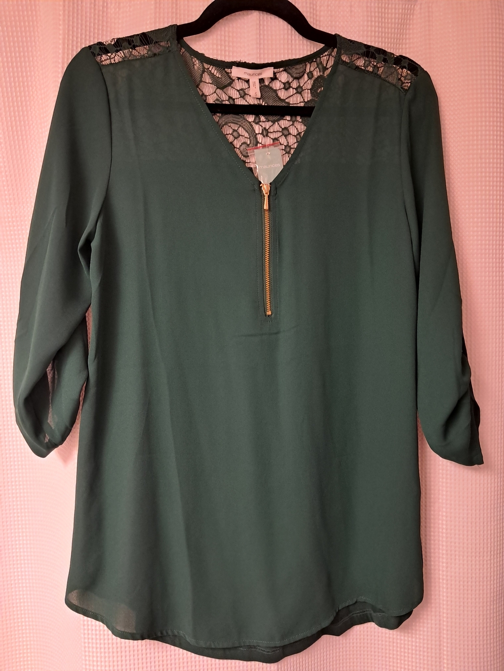 Maurices Forest Green Lace-Yoke Blouse with Gold Zip
